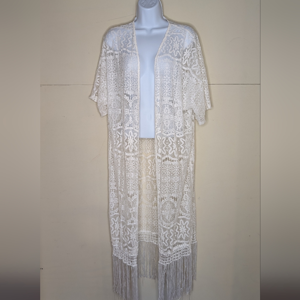 Lace Coverup Kimono Short Sleeve with Fringe - Picture 2 of 6